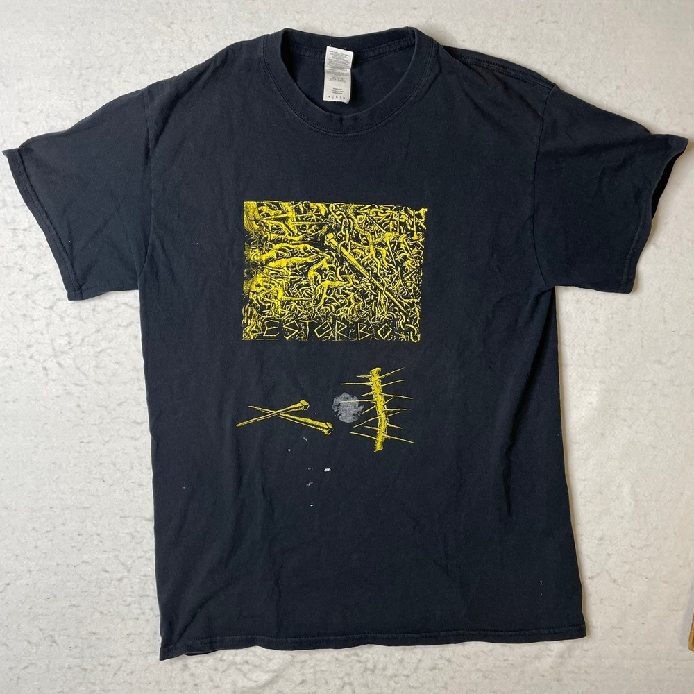 Estorbo Gildan Heavy Cotton Black Graphic T Shirt Mens Medium Distressed Print‎